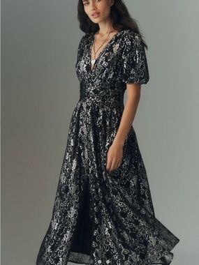Anthropologie Black and Silver Lace Maxi Dress